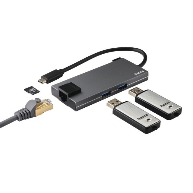 Мултипортов адаптер HAMA Multiport, 2 x USB-A, 1 x USB-C, 1 x HDMI, 1х LAN, Сив