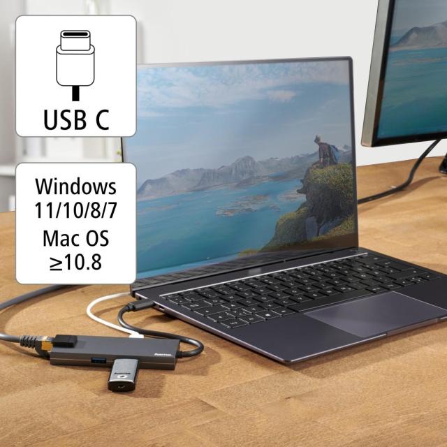 Мултипортов адаптер HAMA Multiport, 2 x USB-A, 1 x USB-C, 1 x HDMI, 1х LAN, Сив