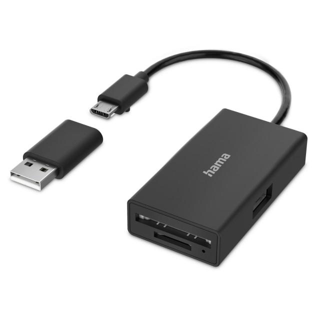 Четец за карти HAMA USB OTG Hub, USB 2.0 Type-A, SD, microSD, USB-A адаптер