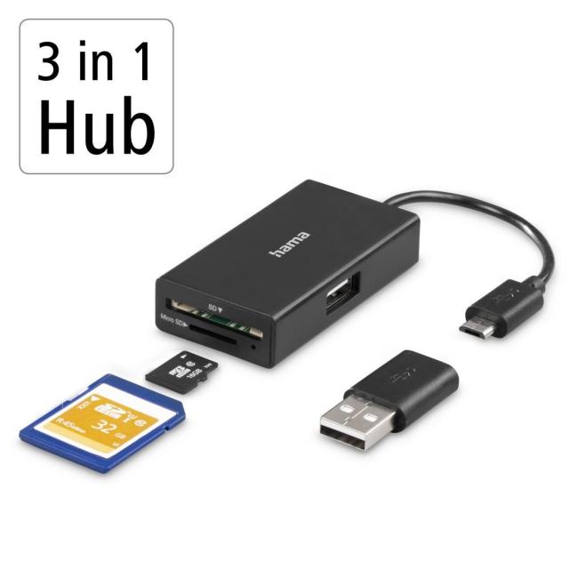 Четец за карти HAMA USB OTG Hub, USB 2.0 Type-A, SD, microSD, USB-A адаптер