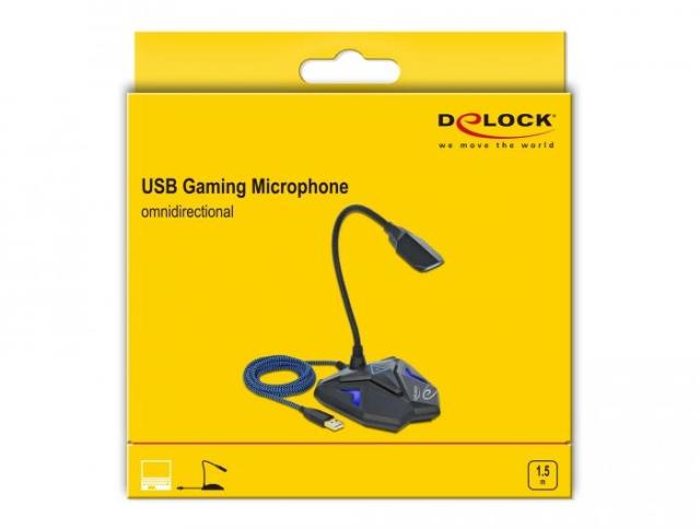 Геймърски микрофон Delock Omnidirectional, USB, Mute Button Черен