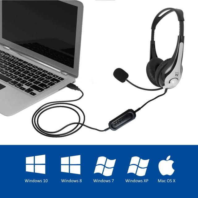 Слушалки Ewent EW3565, Микрофон, USB, 2.1м кабел, Сив/Черен