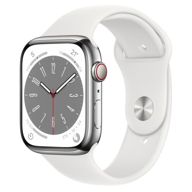 Часовник Apple Watch Series 8 GPS + Cellular 45mm Silver Stainless Steel Case with White Sport Band - Regular