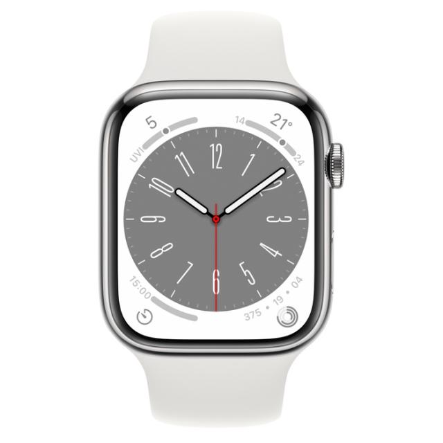 Часовник Apple Watch Series 8 GPS + Cellular 45mm Silver Stainless Steel Case with White Sport Band - Regular