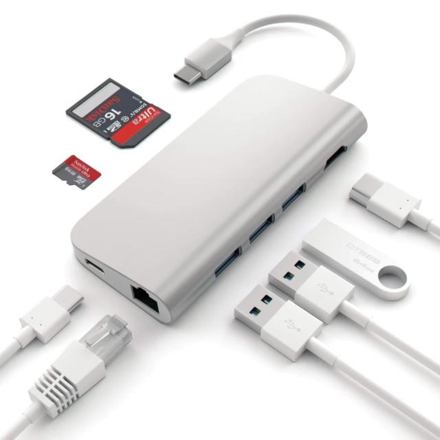 Докинг станция Satechi Aluminium Type-C Multi-Port Adapter, HDMI 4K,3x USB 3.0, MicroSD, Ethernet, ST-TCMAS (Silver)