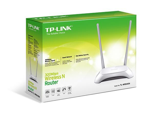 Рутер TP-Link TL-WR840N, Wireless N, 300Mbps, 2.4GHz (300 Mbps), 4x LAN 100, 1x WAN 100, 2x външни антени