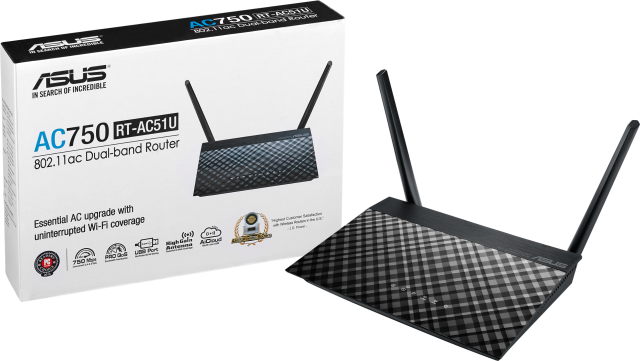 Рутер Asus RT-AC51U, 750Mbps, Dual-Band WiFi 5, 2.4GHz (300 Mbps), 5Ghz (433 Mbps), LAN 4 x 10/100, WAN 1 x 10/100, 3G/4G, 1 x USB 2.0, 2 x външни антени, 1 x вътрешна антена