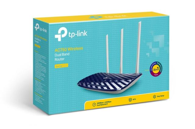 Рутер TP-Link Archer C20 AC750, Wireless AC, 750Mbps, 2.4GHz (300 Mbps), 5GHz (433 Mbps), LAN 4 x 100, WAN 1 x 100, 3x външни антени