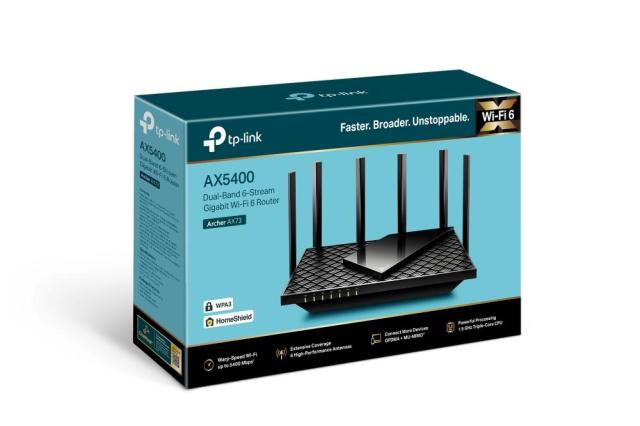 Рутер TP-Link Archer AX73, MU-MIMO, AX5400, Wi-Fi 6, 2.4 GHz (574 Mbps), 5GHz (4804Mbps), Wireless AX, LAN 4x 10/100/1000Mbps, WAN 1x 10/100/1000Mbps, USB 3.0, 6 x външни антени