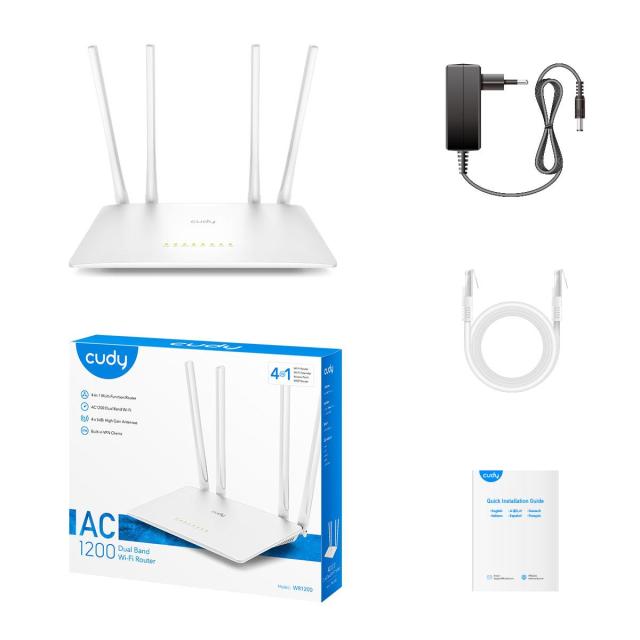 Рутер Cudy WR1200, 1200Mbps, Wireless AC, 2.4GHz (300 Mbps ) / 5 Ghz (867 Mbps), WAN 1 x 1x10/100/1000, LAN 4 x 10/100