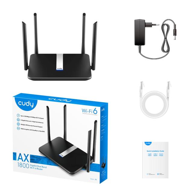 Рутер Cudy X6, 1800Mbps, Wireless AX, 2.4GHz (574 Mbps) / 5 GHz (1201 Mbps), WAN 1 x 10/100/1000, LAN 4x 10/100/1000