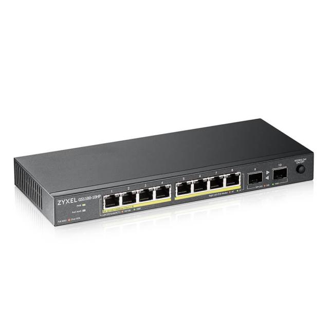 Суич ZYXEL GS1100-10HP, 8-портов, Gigabit, PoE, 2xSFP, за монтиране в шкаф