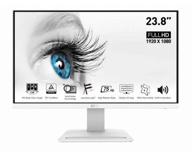 Монитор MSI PRO MP243W, 23.8", 1920x1080 (FHD), 75Hz, 7ms, IPS, 250 nits, Flat, HDMI and DisplayPort, Anti-Flicker and Less Blue Light, Display Kit, Standard VESA, 24M, WHITE