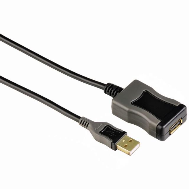 Удължителен кабел с филтър HAMA, USB-A женско - USB-A мъжко, 5 м, High Quality, черен