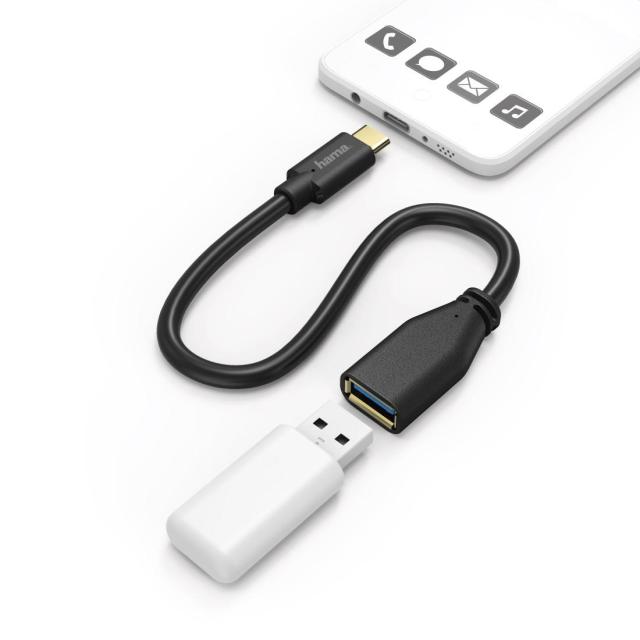 Кабел HAMA  USB-C мъжко - USB-A женско, 0.15 м, 5Gbit/s, Черен