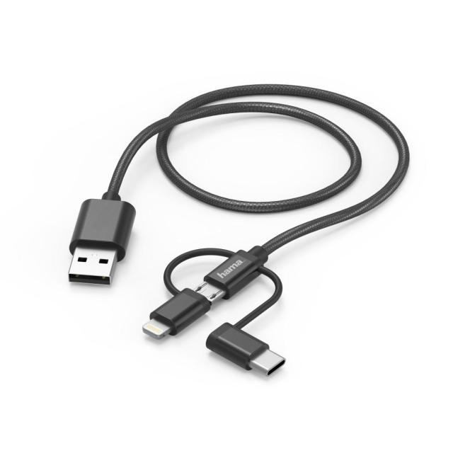 Кабел HAMA 3 в 1, USB-A мъжко - Micro USB мъжко, адаптери Lightning и USB-C, 1.5 м., Черен