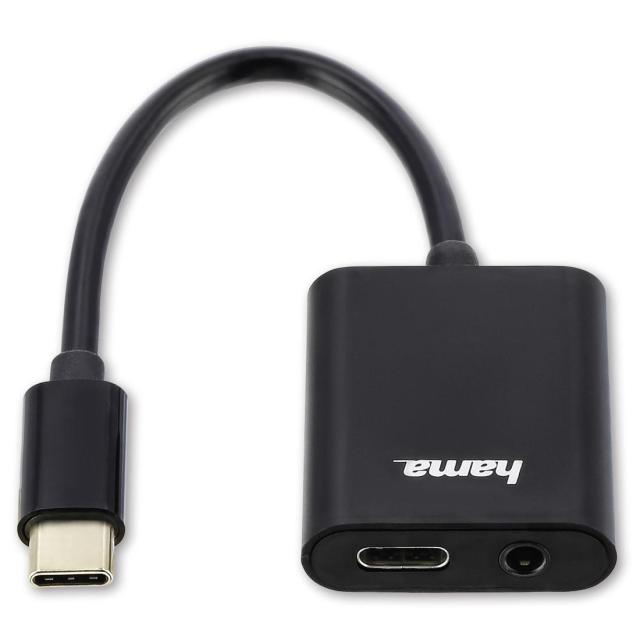 Адаптер и зарядно HAMA 135748, 2 в 1, USB-C - USB-C/3.5 мм аудио жак, Черен