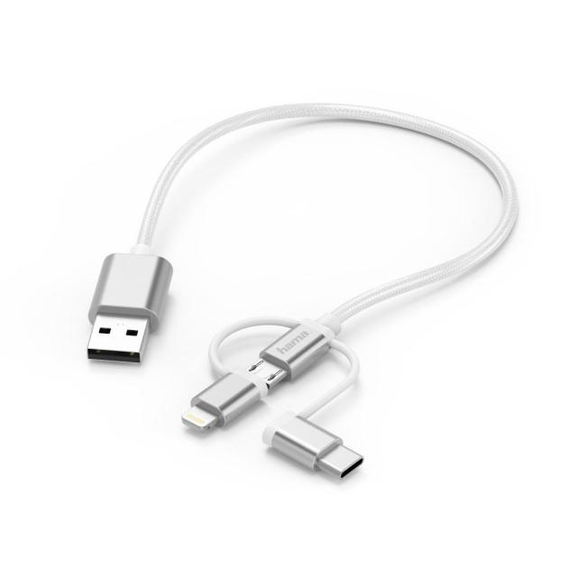 Кабел HAMA 3 в 1, USB-A мъжко - Micro USB мъжко, адаптери Lightning и USB-C, 0.2 м., Бял