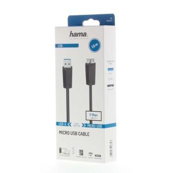 Кабел HAMA, A(м) към Micro USB B(м), USB 3.0, 1.5m, Черен