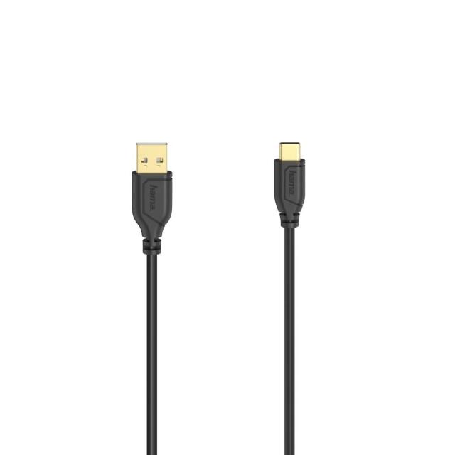 Кабел HAMA Flexi-Slim USB-C(м) към USB-А(м) 2.0, 480Mbit/s, 0.75 м, тънък, позлатен, черен