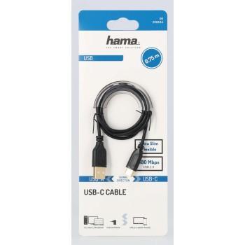 Кабел HAMA Flexi-Slim USB-C(м) към USB-А(м) 2.0, 480Mbit/s, 0.75 м, тънък, позлатен, черен