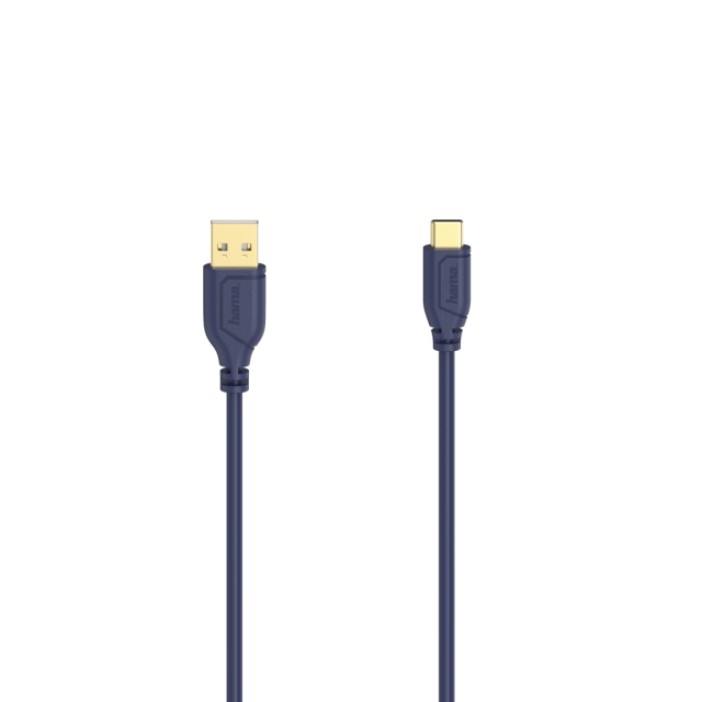 Кабел HAMA Flexi-Slim USB-C(м) към USB-А(м) 2.0, 480Mbit/s, 0.75 м, тънък, позлатен, син