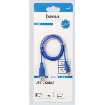 Кабел HAMA Flexi-Slim USB-C(м) към USB-А(м) 2.0, 480Mbit/s, 0.75 м, тънък, позлатен, син