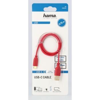 Кабел Hama Flexi-Slim USB-C - USB-A 2.0 мъжко, 0.75м,тънък, позлатен, червен