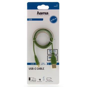 Кабел Hama Flexi-Slim USB-C - USB-A 2.0 мъжко, 0.75м,тънък, позлатен, зелен