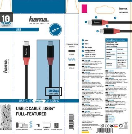 Кабел HAMA Essential Line, USB 4 Gen3, USB-C мъжко-мъжко, 40 Gbit/s, 0.8 м, Черен