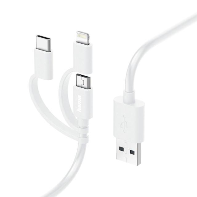 Кабел HAMA 3 в 1, USB-A мъжко - Micro USB мъжко, Адаптери Lightning и USB-C, 1.0 м., Бял