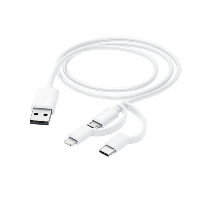 Кабел HAMA 3 в 1, USB-A мъжко - Micro USB мъжко, Адаптери Lightning и USB-C, 1.0 м., Бял