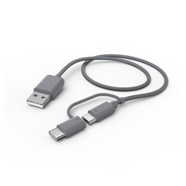 Кабел HAMA 2 в 1, USB-A мъжко - Micro USB мъжко, Адаптер USB-C, 1.0 м., Сив