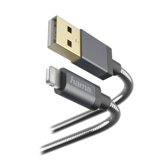 Кабел HAMA Metal, USB-А 2.0 мъжко - Lightning мъжко, 1.5 м., Черен