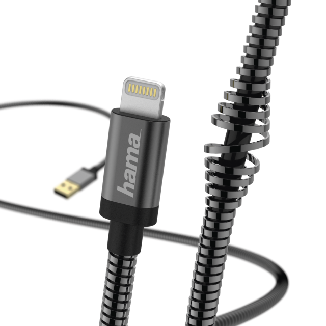 Кабел HAMA Metal, USB-А 2.0 мъжко - Lightning мъжко, 1.5 м., Черен
