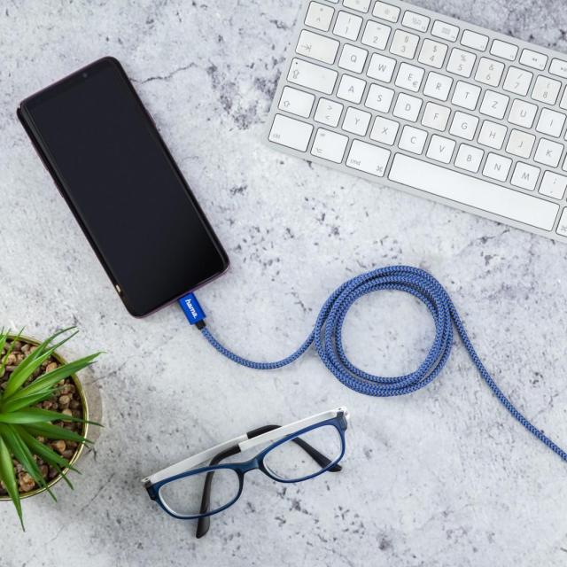 Кабел HAMA Reflective, USB-C мъжко - USB-C мъжко, 480 Mbps, 1.5 м., Син