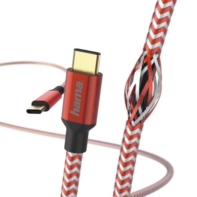 Кабел HAMA Reflective, USB-C мъжко - USB-C мъжко, 480 Mbps, 1.5 м., Червен