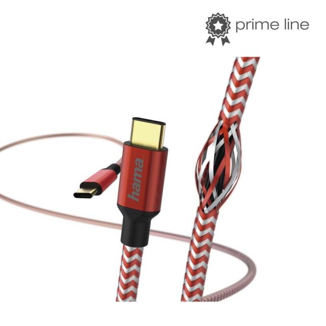 Кабел HAMA Reflective, USB-C мъжко - USB-C мъжко, 480 Mbps, 1.5 м., Червен