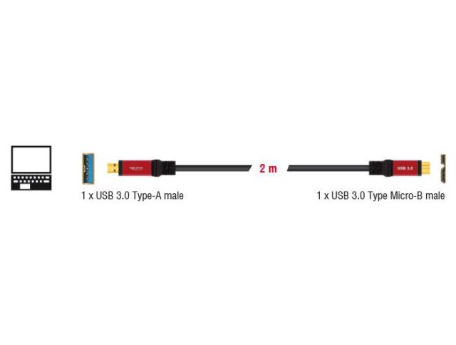 Кабел Delock  USB-A мъжко - USB Micro-B мъжко, 2 м, Premium, Екраниран, Черен