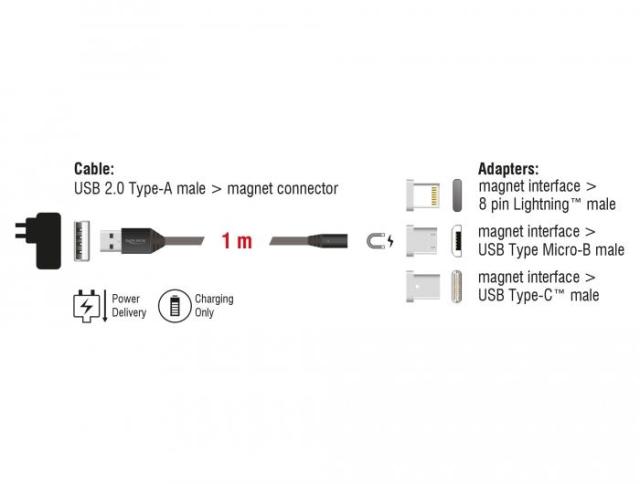 Кабел за зареждане Delock  3 в 1, USB-A мъжко - 8 Pin / Micro USB / USB Type-C, 1м, Черен