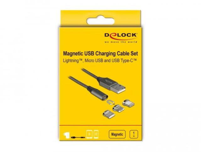 Кабел за зареждане Delock  3 в 1, USB-A мъжко - 8 Pin / Micro USB / USB Type-C, 1м, Черен