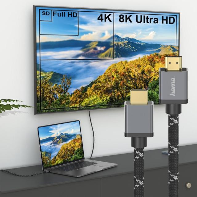 Кабел HAMA Ultra HD, HDMI мъжко - HDMI мъжко, 8K, 48GB/s,метал, 3 м, Позл. конектори, Ethernet, Черен