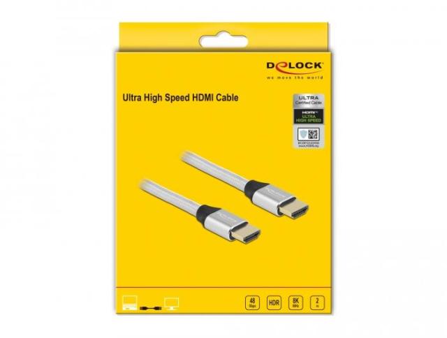 Кабел Delock Ultra High Speed,HDMI мъжко - HDMI мъжко, 48 Gbit/s, 8K 60 Hz, 2 м, Сребрист