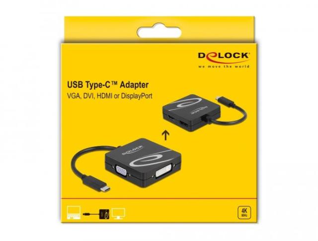 Адаптер 4 в 1 Delock 63129 USB-C мъжко - VGA DVI DisplayPort HDMI женско, Черен