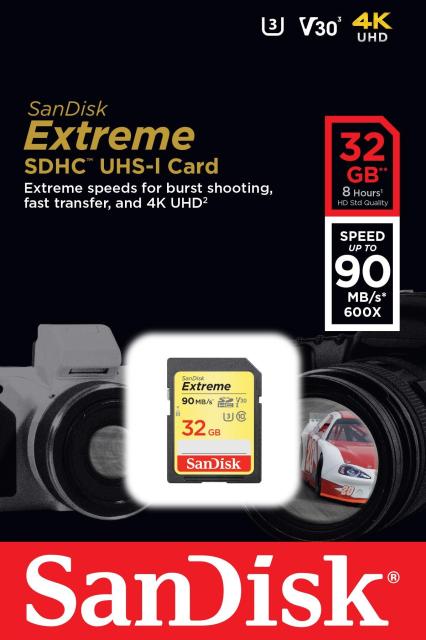 Карта памет SANDISK Extreme SDHC, 32GB, UHS-1,Class 10, U3, V30, 90 Mb/s