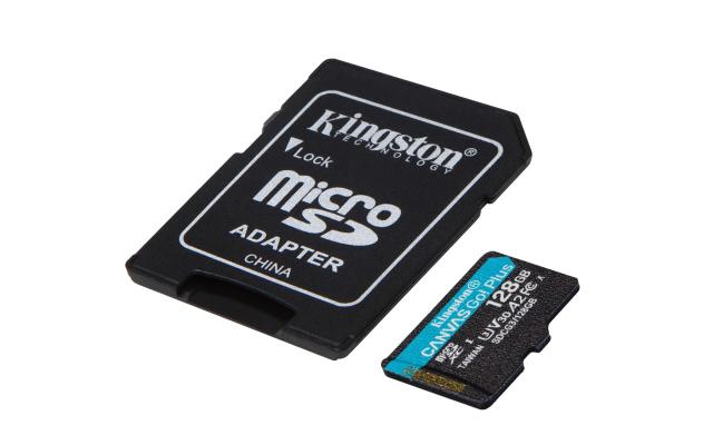 Карта памет Kingston Canvas Go! Plus, 128GB microSDXC, UHS-I, Class 10, 170R A2 U3 V30 + Адаптер