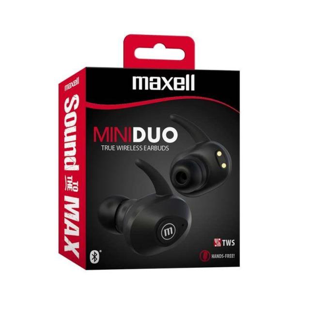 Слушалки Maxell MINI DUO EB-BT, безжични, Bluetooth, микрофон, с докинг кутия, Черни