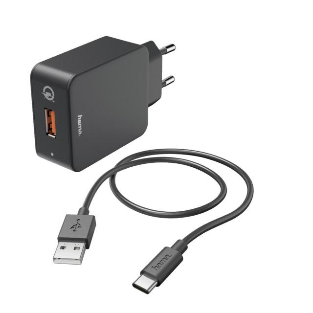 Зарядно 220V HAMA 19.5W USB Type-C, 3 A,Qualcomm Quick Charge 3.0 + USB Type-C кабел, 1.5м, Черен