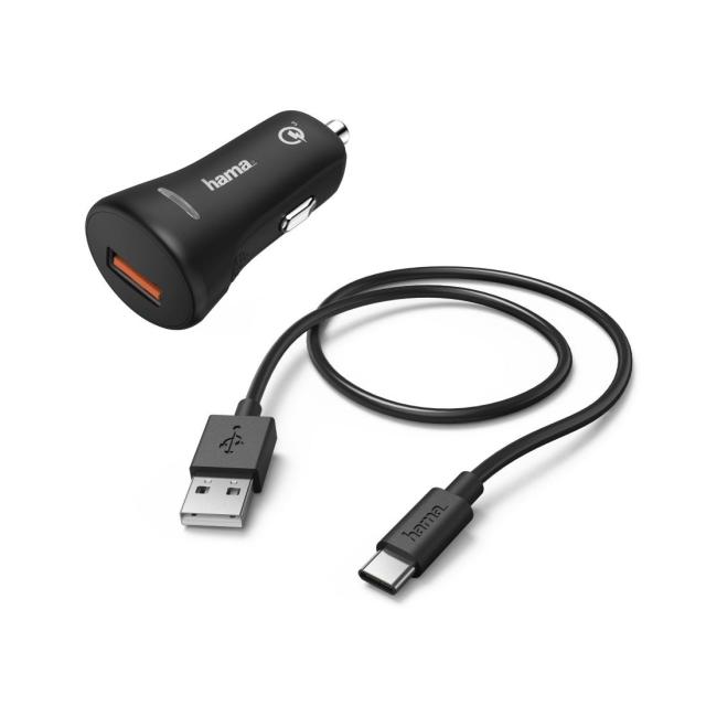 Зарядно за кола HAMA 19.5W USB Type-C, 3 A,Qualcomm Quick Charge 3.0 + USB Type-C кабел, 1.5м, Черен