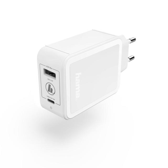 Зарядно 220V HAMA Power Delivery (PD) / Qualcomm® 3.0 USB-C + USB-A, 42W, Бял